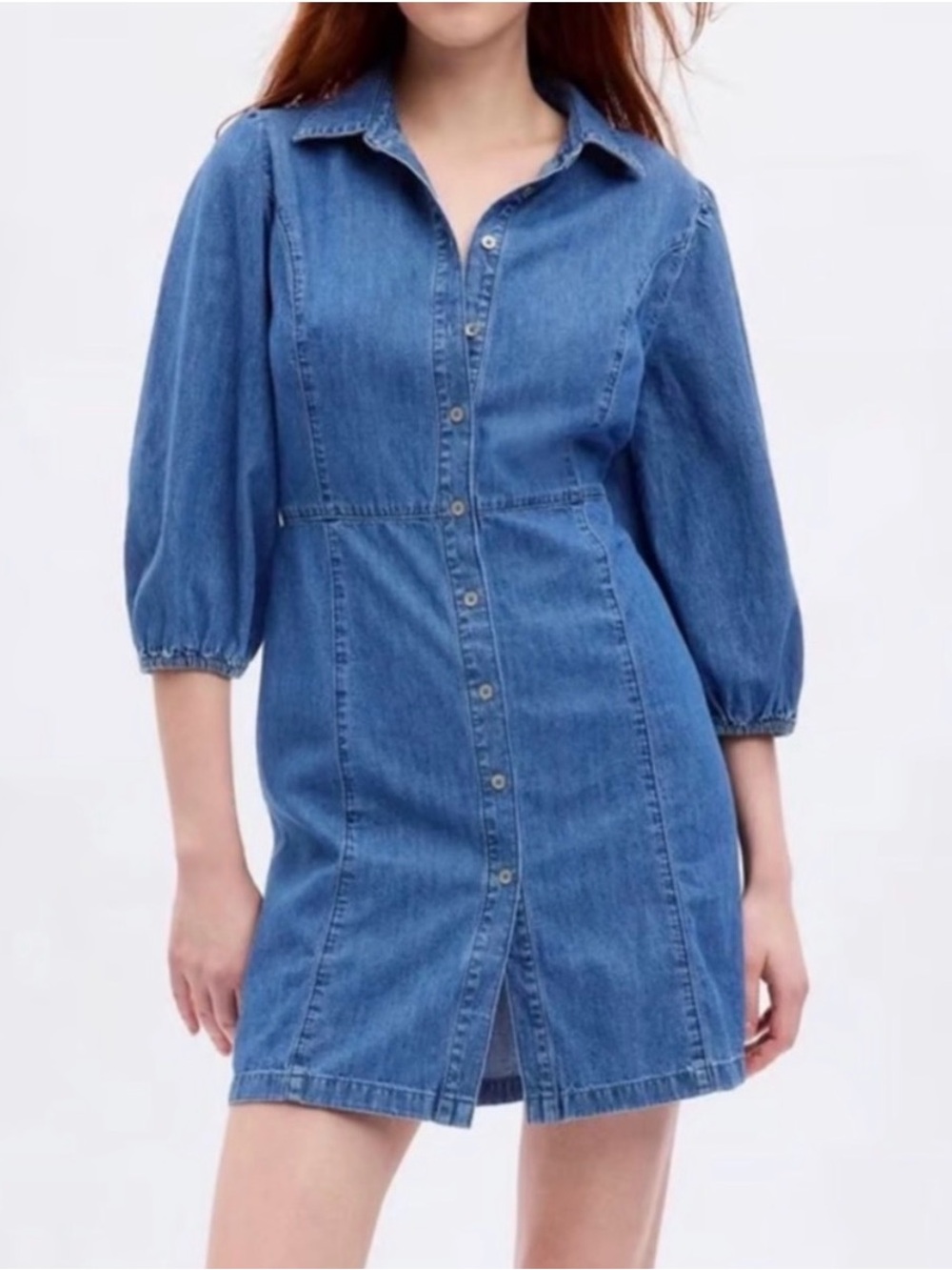 GAP Dark Blue Denim Button-Front Puff Sleeve Dress